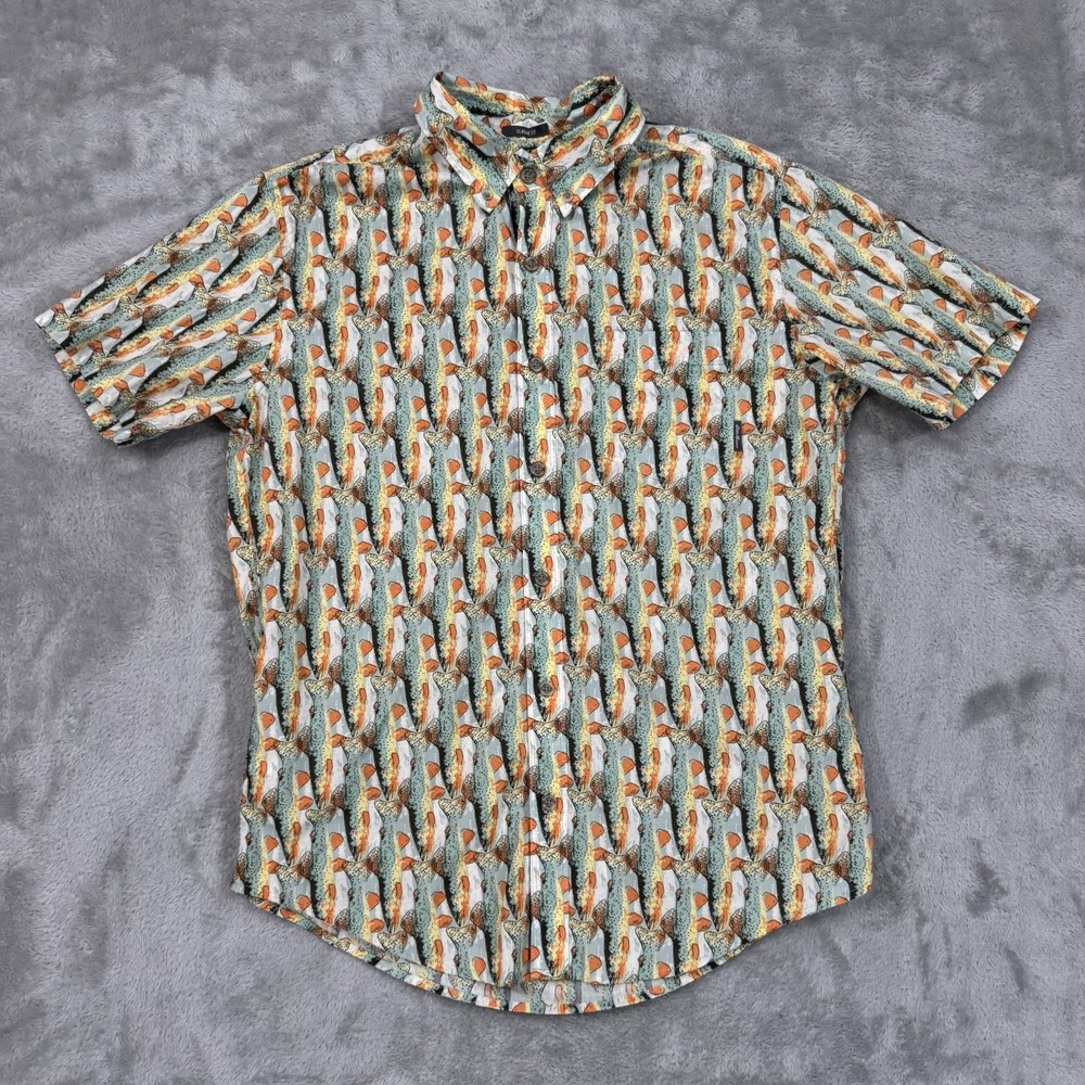 Eddie Bauer Shirt Mens Medium Green Yellow Orange Fishing All Over Print Dad AOP
